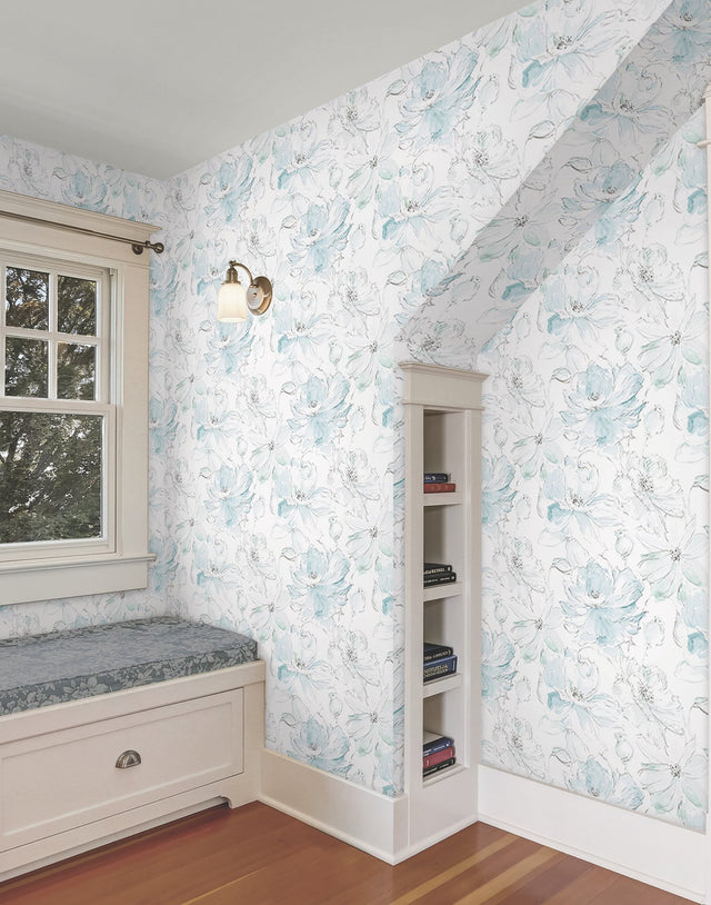 Floral Dreams Mineral Green Peel & Stick Wallpaper with Watercolor Floral Motif - York PSW1531RL