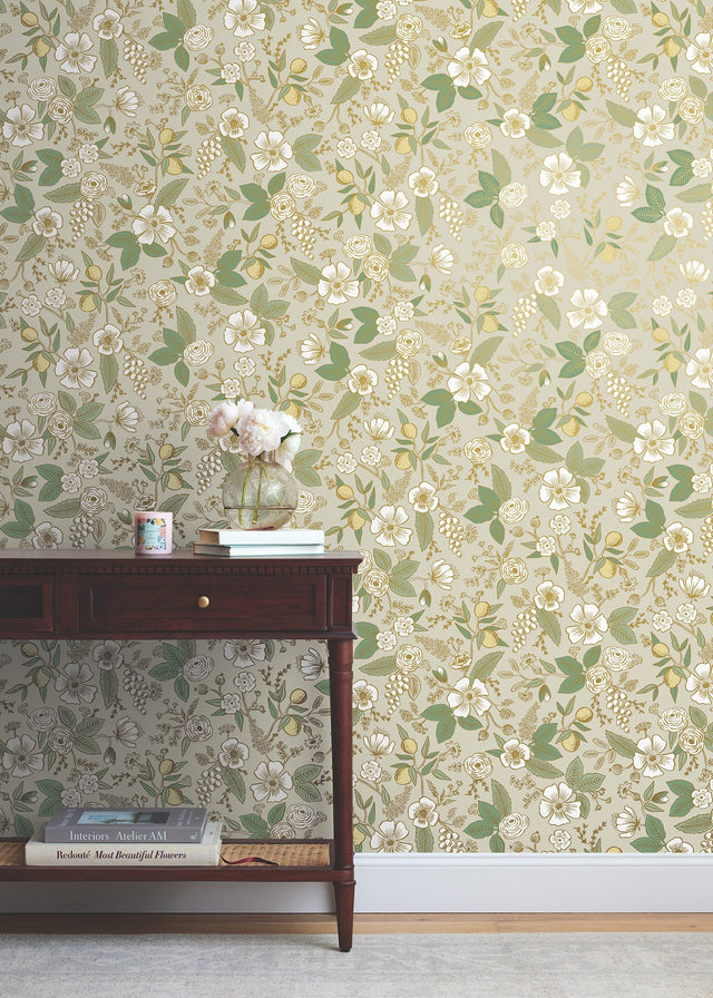 Colette Linen Peel & Stick Wallpaper with Metallic Floral Motif - York PSW1532RL