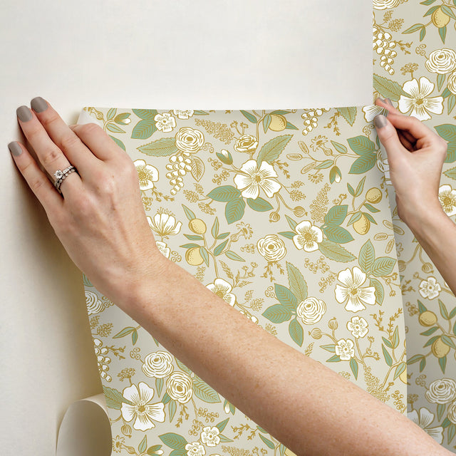Colette Linen Peel & Stick Wallpaper with Metallic Floral Motif - York PSW1532RL