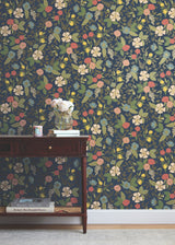 Colette Navy Peel & Stick Wallpaper with Whimsical Floral Pattern - York PSW1534RL