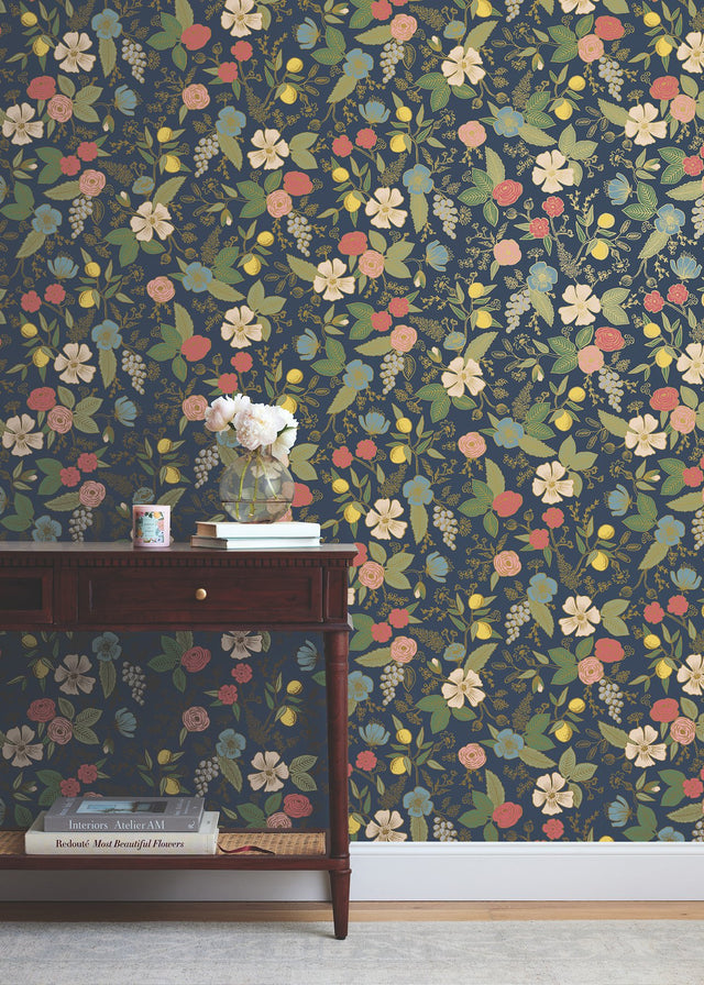 Colette Navy Peel & Stick Wallpaper with Whimsical Floral Pattern - York PSW1534RL