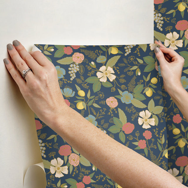 Colette Navy Peel & Stick Wallpaper with Whimsical Floral Pattern - York PSW1534RL