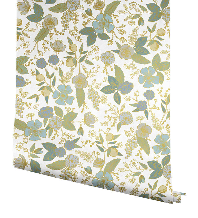 Colette Blue Multicolor Peel & Stick Wallpaper with Metallic Floral Whimsical Style - York PSW1535RL