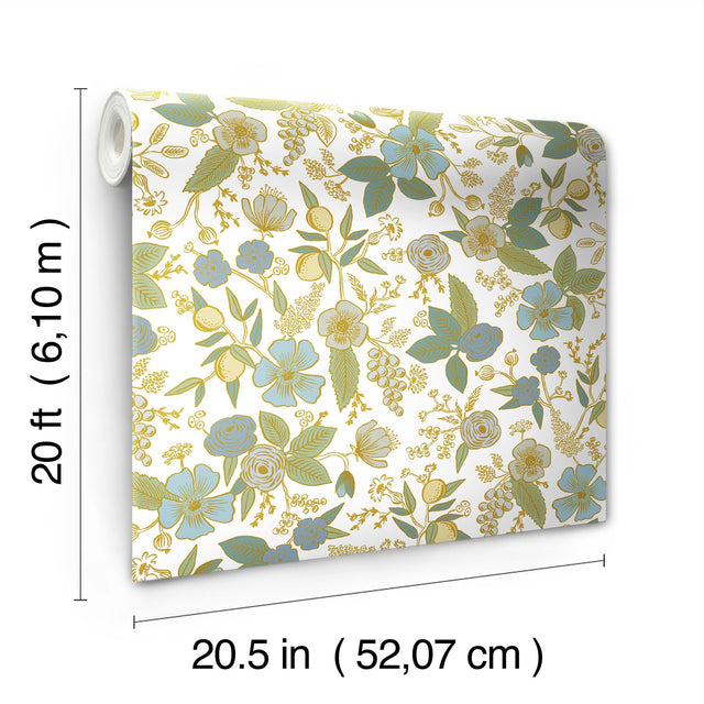 Colette Blue Multicolor Peel & Stick Wallpaper with Metallic Floral Whimsical Style - York PSW1535RL