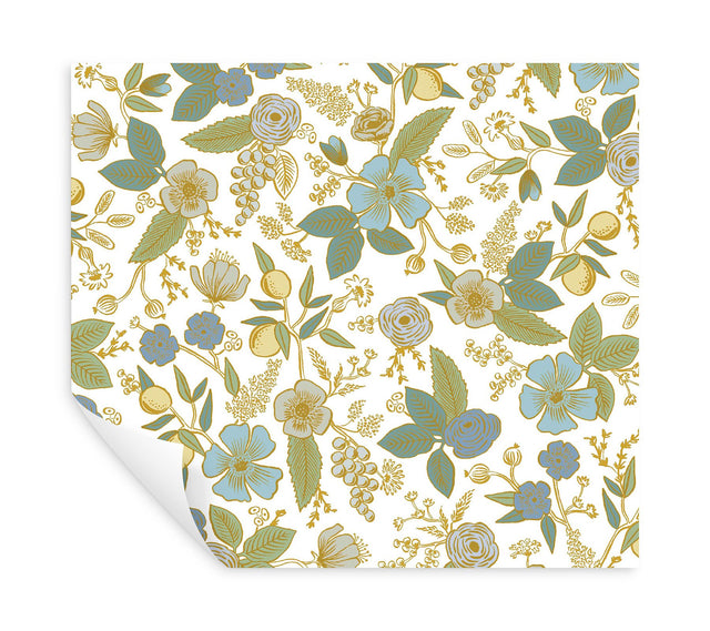 Colette Blue Multicolor Peel & Stick Wallpaper with Metallic Floral Whimsical Style - York PSW1535RL