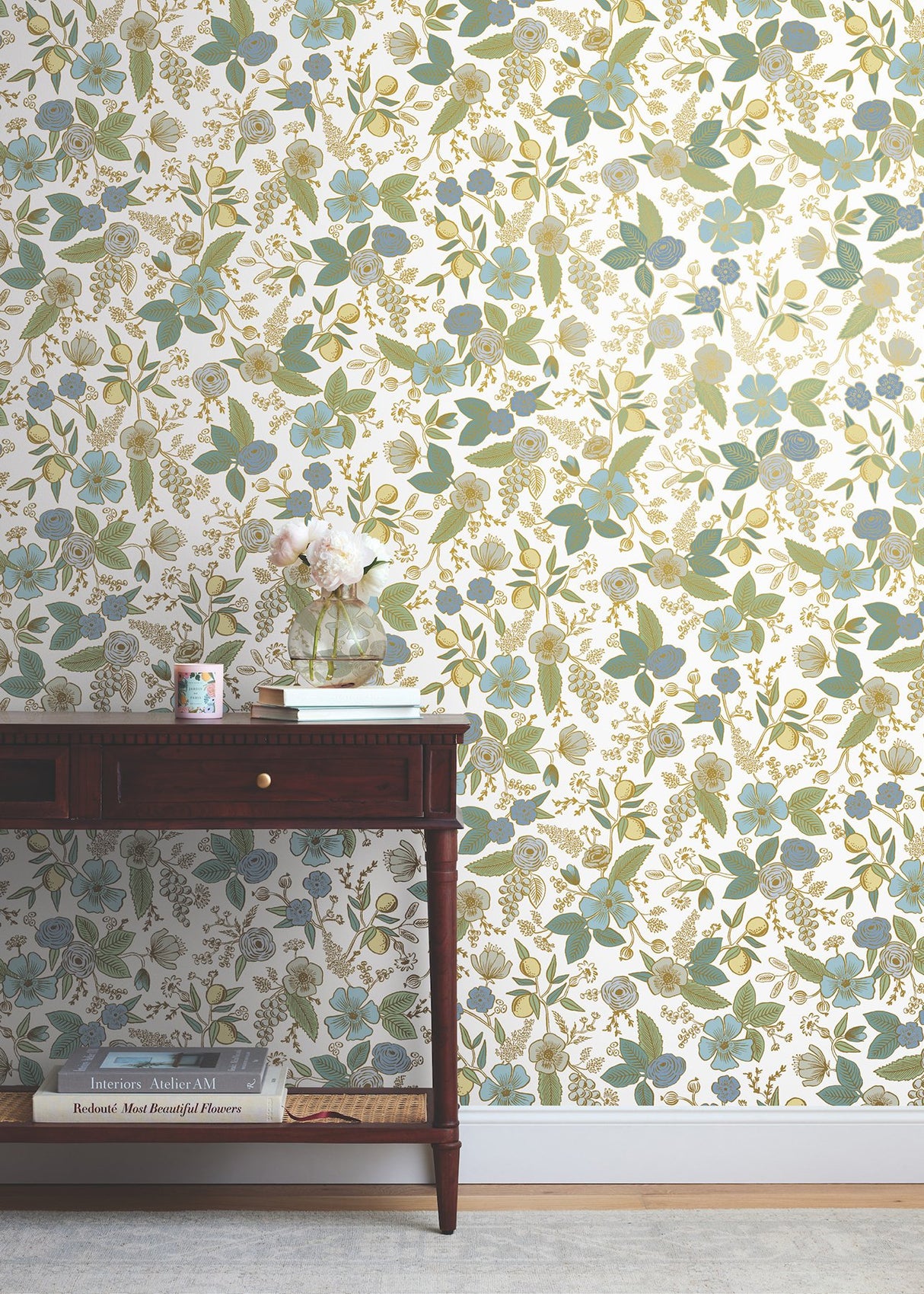 Colette Blue Multicolor Peel & Stick Wallpaper with Metallic Floral Whimsical Style - York PSW1535RL