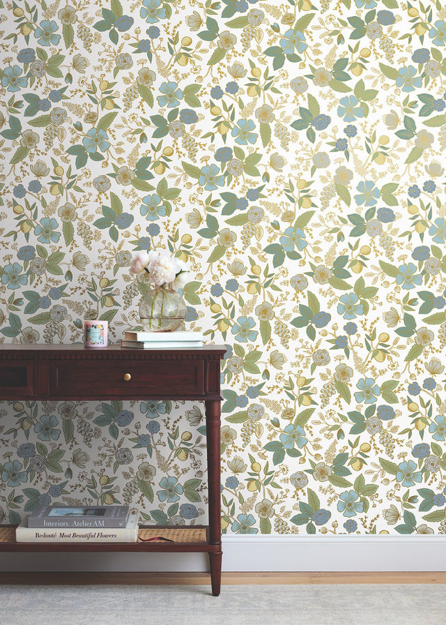Colette Blue Multicolor Peel & Stick Wallpaper with Metallic Floral Whimsical Style - York PSW1535RL