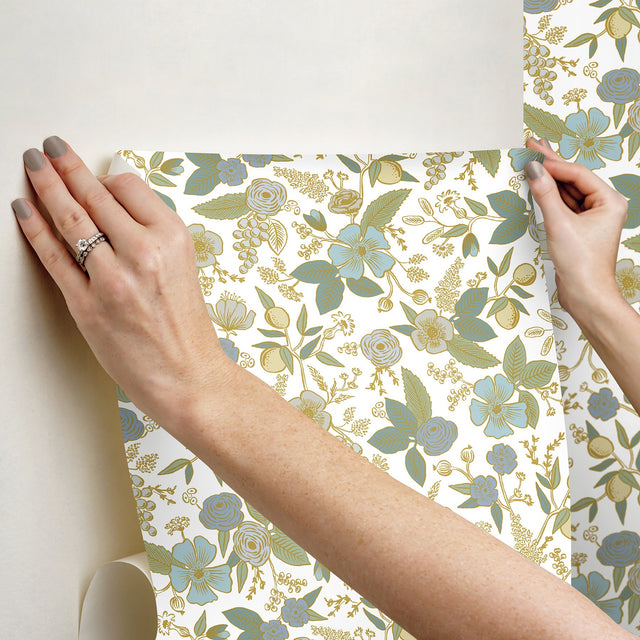 Colette Blue Multicolor Peel & Stick Wallpaper with Metallic Floral Whimsical Style - York PSW1535RL
