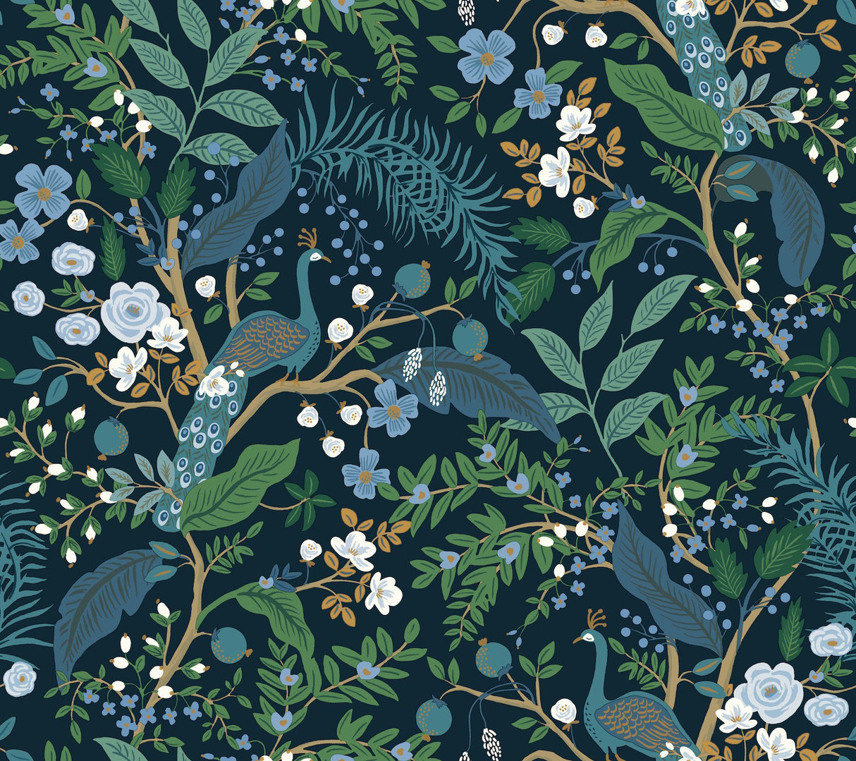 Peacock Garden Navy Peel & Stick Wallpaper with Metallic Whimsical Animal & Insects Pattern - York PSW1536RL