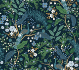 Peacock Garden Navy Peel & Stick Wallpaper with Metallic Whimsical Animal & Insects Pattern - York PSW1536RL
