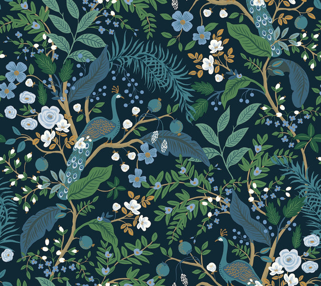 Peacock Garden Navy Peel & Stick Wallpaper with Metallic Whimsical Animal & Insects Pattern - York PSW1536RL