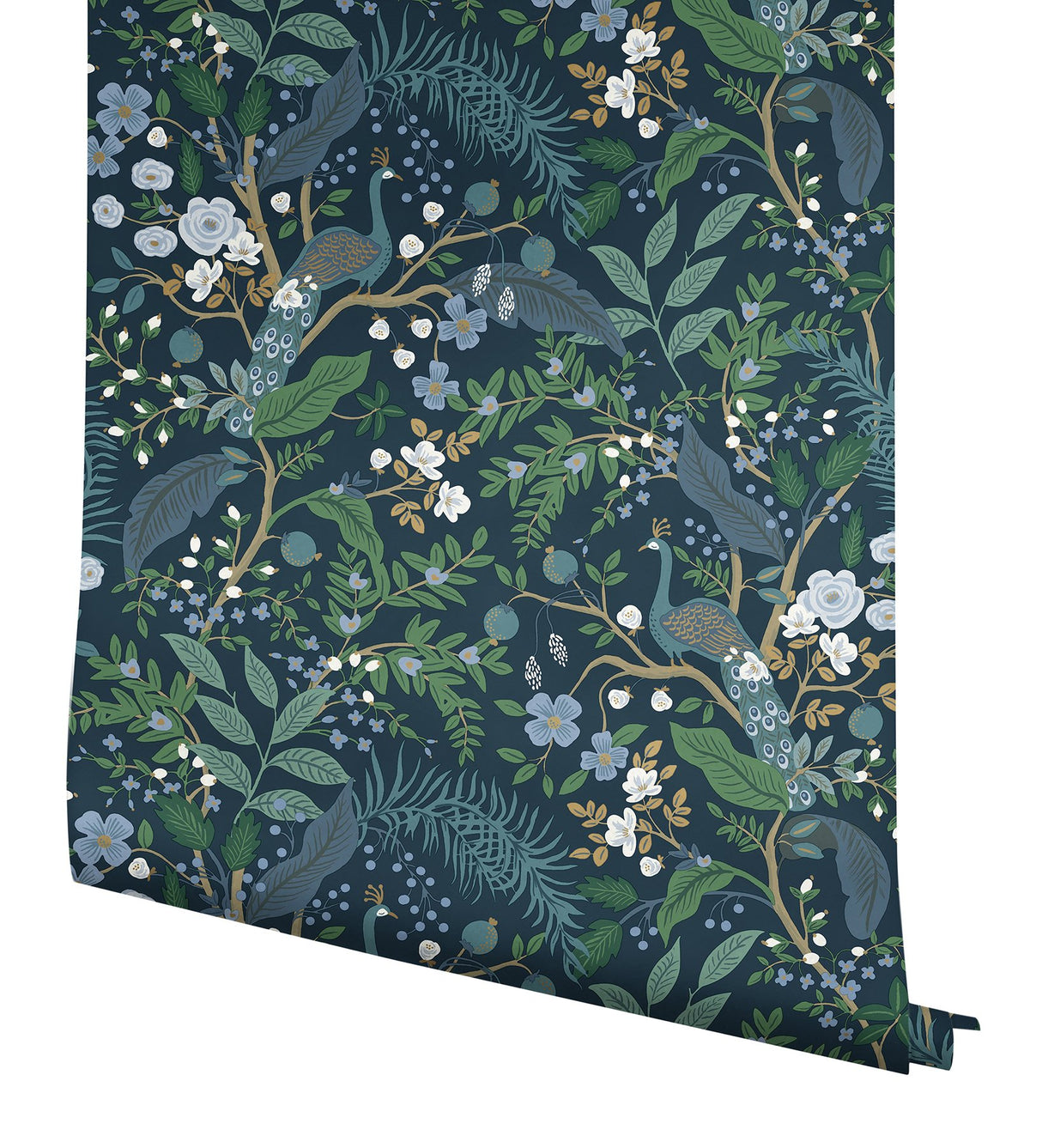 Peacock Garden Navy Peel & Stick Wallpaper with Metallic Whimsical Animal & Insects Pattern - York PSW1536RL