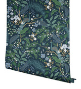 Peacock Garden Navy Peel & Stick Wallpaper with Metallic Whimsical Animal & Insects Pattern - York PSW1536RL