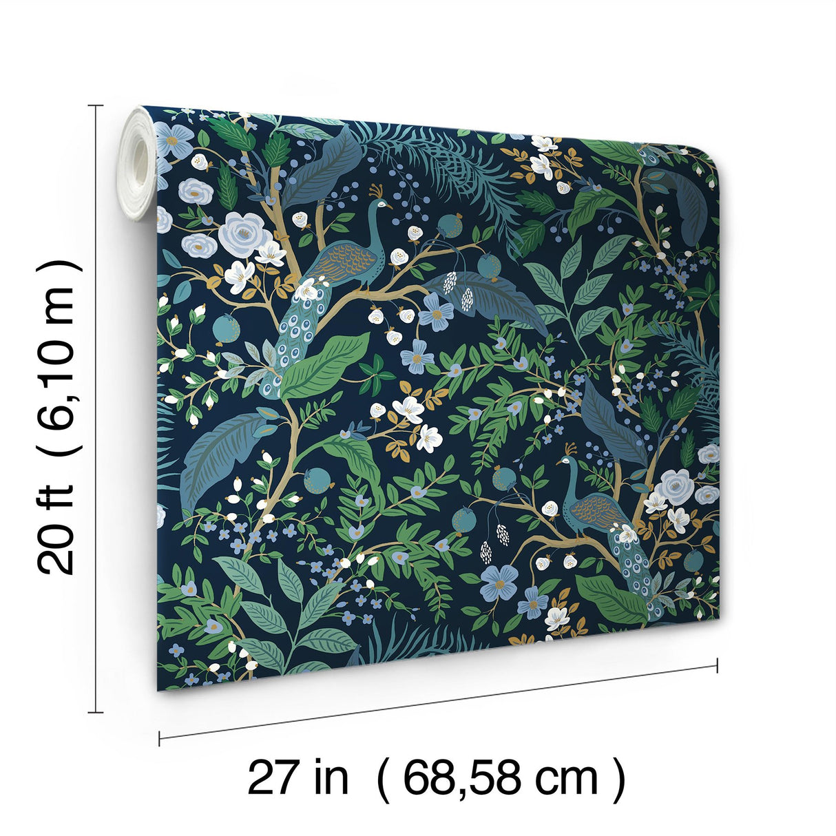 Peacock Garden Navy Peel & Stick Wallpaper with Metallic Whimsical Animal & Insects Pattern - York PSW1536RL