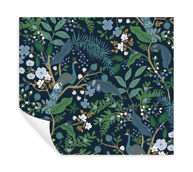 Peacock Garden Navy Peel & Stick Wallpaper with Metallic Whimsical Animal & Insects Pattern - York PSW1536RL