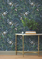 Peacock Garden Navy Peel & Stick Wallpaper with Metallic Whimsical Animal & Insects Pattern - York PSW1536RL