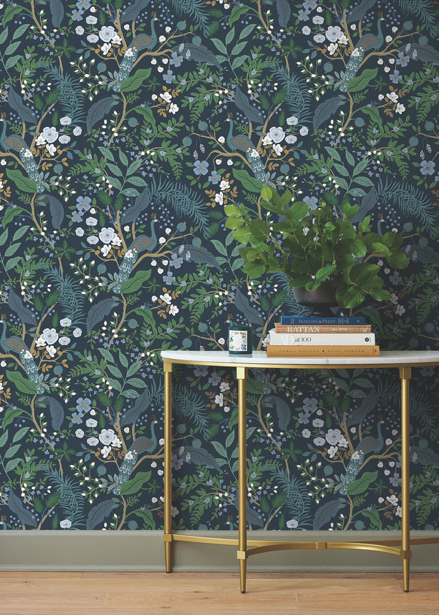 Peacock Garden Navy Peel & Stick Wallpaper with Metallic Whimsical Animal & Insects Pattern - York PSW1536RL