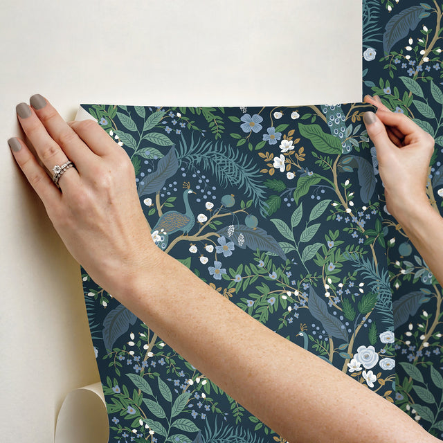 Peacock Garden Navy Peel & Stick Wallpaper with Metallic Whimsical Animal & Insects Pattern - York PSW1536RL