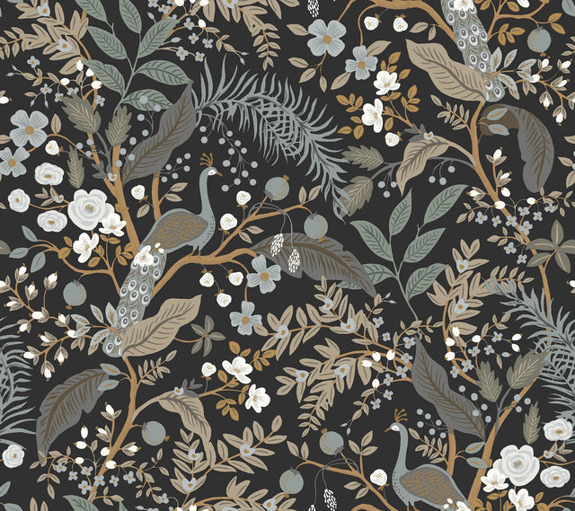 Peacock Garden Black Peel & Stick Wallpaper with Metallic Whimsical Animal Motif - York PSW1537RL