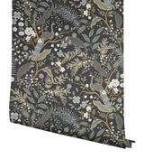 Peacock Garden Black Peel & Stick Wallpaper with Metallic Whimsical Animal Motif - York PSW1537RL