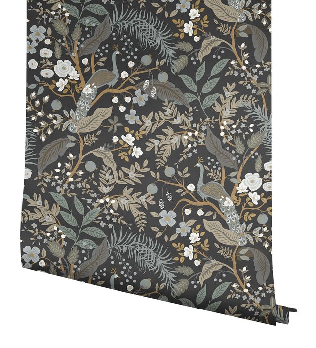 Peacock Garden Black Peel & Stick Wallpaper with Metallic Whimsical Animal Motif - York PSW1537RL