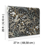 Peacock Garden Black Peel & Stick Wallpaper with Metallic Whimsical Animal Motif - York PSW1537RL