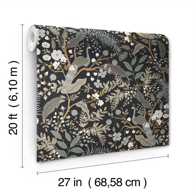 Peacock Garden Black Peel & Stick Wallpaper with Metallic Whimsical Animal Motif - York PSW1537RL