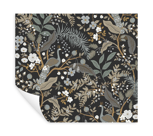 Peacock Garden Black Peel & Stick Wallpaper with Metallic Whimsical Animal Motif - York PSW1537RL