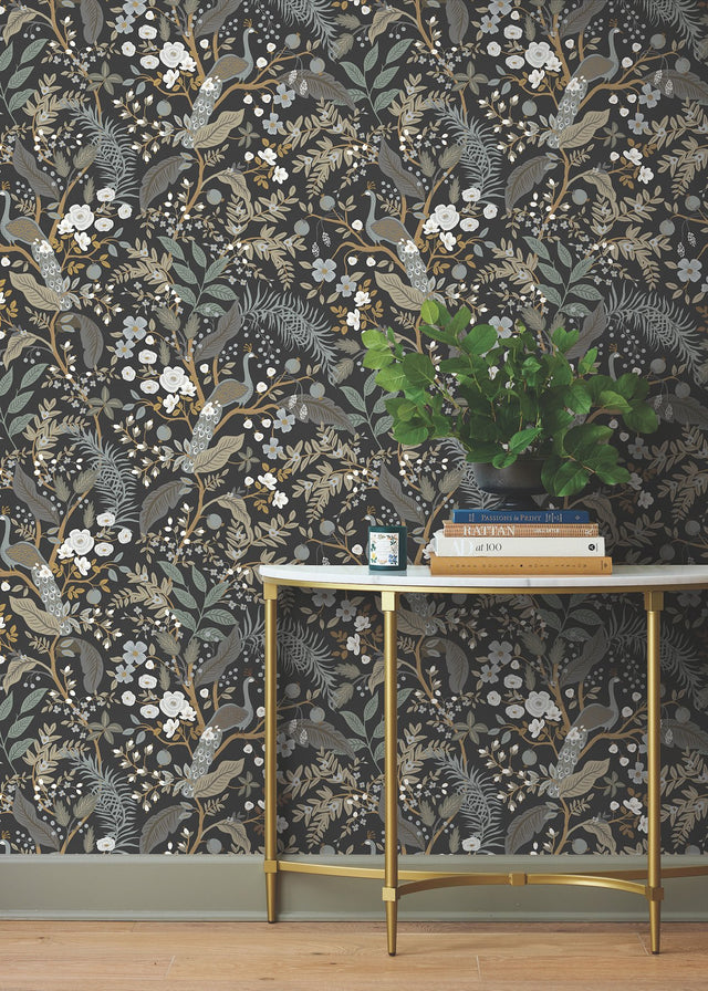Peacock Garden Black Peel & Stick Wallpaper with Metallic Whimsical Animal Motif - York PSW1537RL