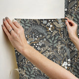Peacock Garden Black Peel & Stick Wallpaper with Metallic Whimsical Animal Motif - York PSW1537RL