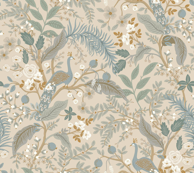 Peacock Garden Linen Peel & Stick Wallpaper with Whimsical Animal Motif - York PSW1538RL