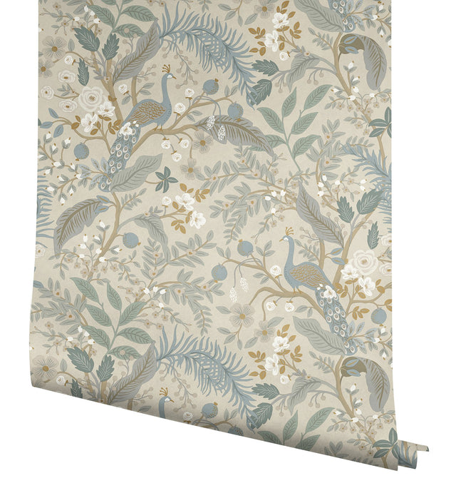 Peacock Garden Linen Peel & Stick Wallpaper with Whimsical Animal Motif - York PSW1538RL