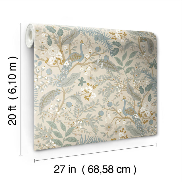 Peacock Garden Linen Peel & Stick Wallpaper with Whimsical Animal Motif - York PSW1538RL