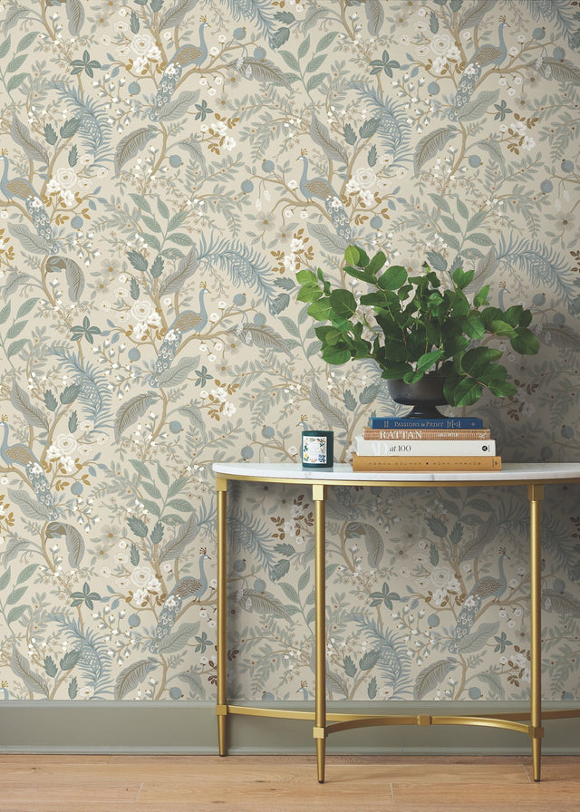 Peacock Garden Linen Peel & Stick Wallpaper with Whimsical Animal Motif - York PSW1538RL