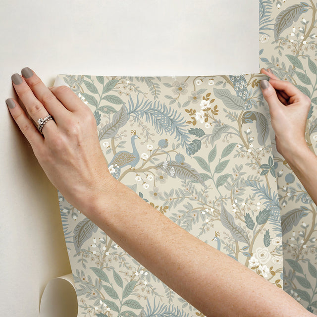 Peacock Garden Linen Peel & Stick Wallpaper with Whimsical Animal Motif - York PSW1538RL