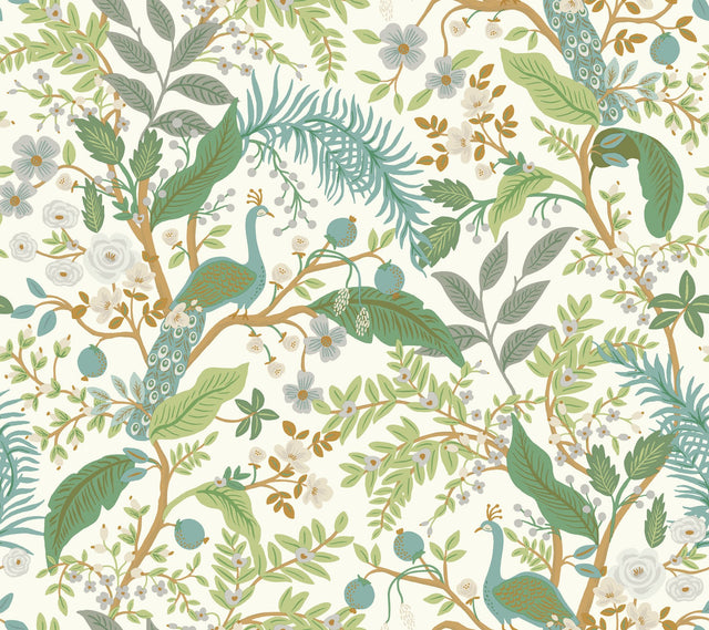 Peacock Garden White Peel & Stick Wallpaper with Whimsical Animal Motif - York PSW1539RL