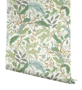 Peacock Garden White Peel & Stick Wallpaper with Whimsical Animal Motif - York PSW1539RL