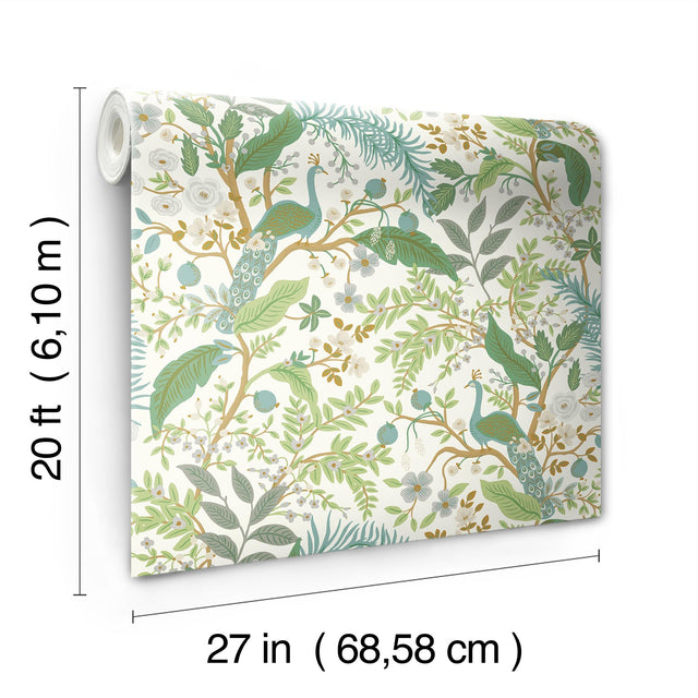 Peacock Garden White Peel & Stick Wallpaper with Whimsical Animal Motif - York PSW1539RL