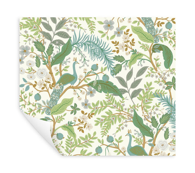 Peacock Garden White Peel & Stick Wallpaper with Whimsical Animal Motif - York PSW1539RL