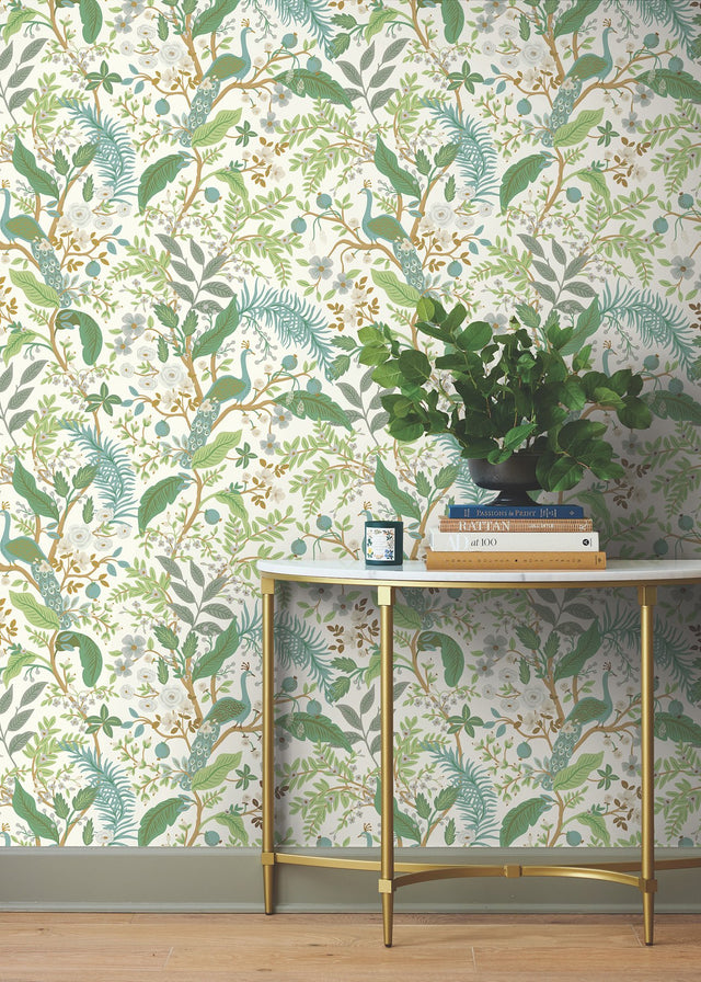 Peacock Garden White Peel & Stick Wallpaper with Whimsical Animal Motif - York PSW1539RL
