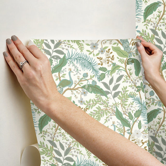 Peacock Garden White Peel & Stick Wallpaper with Whimsical Animal Motif - York PSW1539RL
