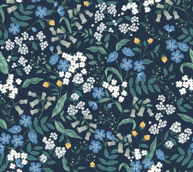 Sweetbrier Navy Peel & Stick Wallpaper with Whimsical Floral Pattern - York PSW1544RL