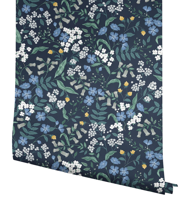 Sweetbrier Navy Peel & Stick Wallpaper with Whimsical Floral Pattern - York PSW1544RL
