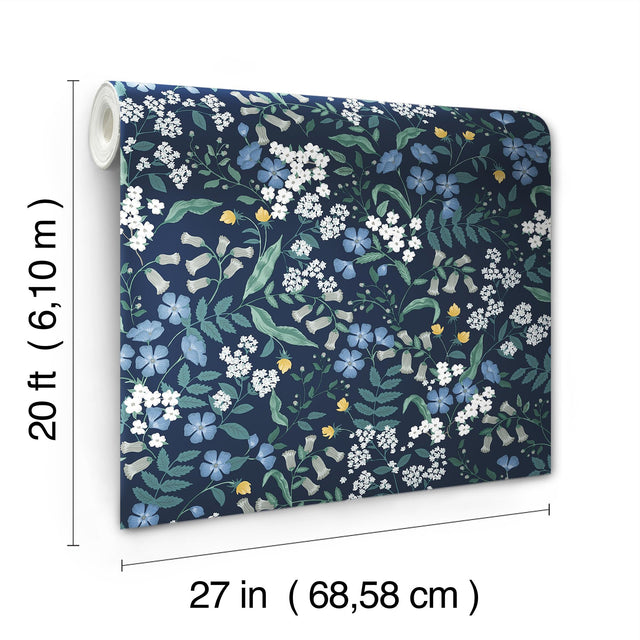 Sweetbrier Navy Peel & Stick Wallpaper with Whimsical Floral Pattern - York PSW1544RL