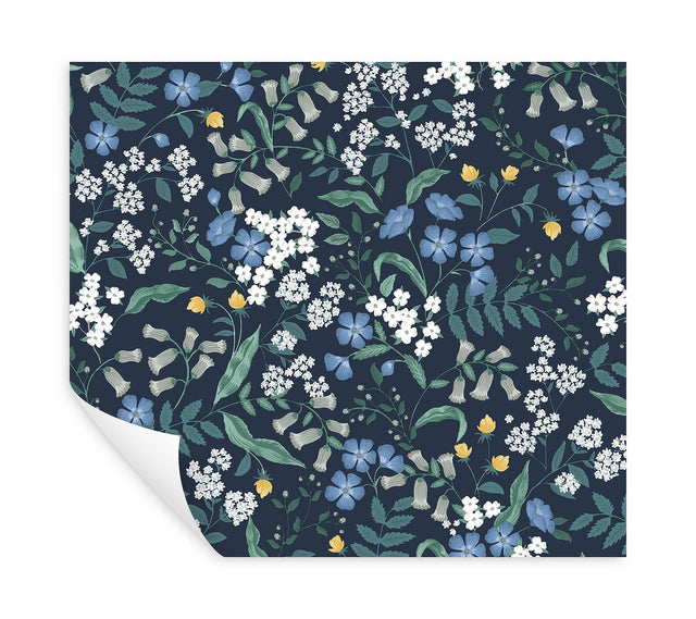 Sweetbrier Navy Peel & Stick Wallpaper with Whimsical Floral Pattern - York PSW1544RL