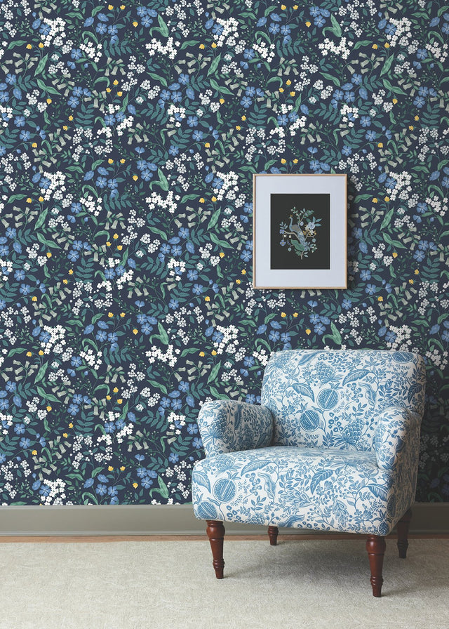 Sweetbrier Navy Peel & Stick Wallpaper with Whimsical Floral Pattern - York PSW1544RL