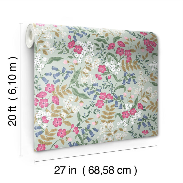 Sweetbrier Mint Peel & Stick Wallpaper with Whimsical Floral Pattern - York PSW1545RL