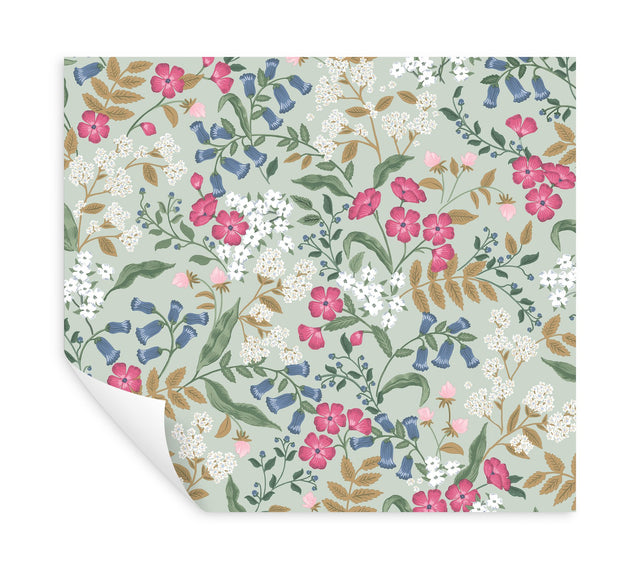 Sweetbrier Mint Peel & Stick Wallpaper with Whimsical Floral Pattern - York PSW1545RL