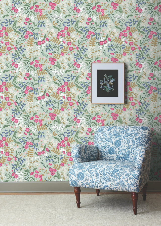 Sweetbrier Mint Peel & Stick Wallpaper with Whimsical Floral Pattern - York PSW1545RL