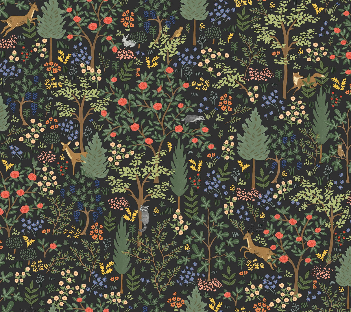 Woodland Black Peel & Stick Wallpaper with Whimsical Animals & Insects Pattern - York PSW1546RL